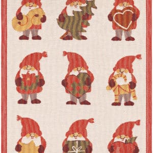 Ekelund juleviskestykke i sand med julenisser med julehjerter, gaver m.m., 35 x 50 cm fra textilogvoksdug.dk