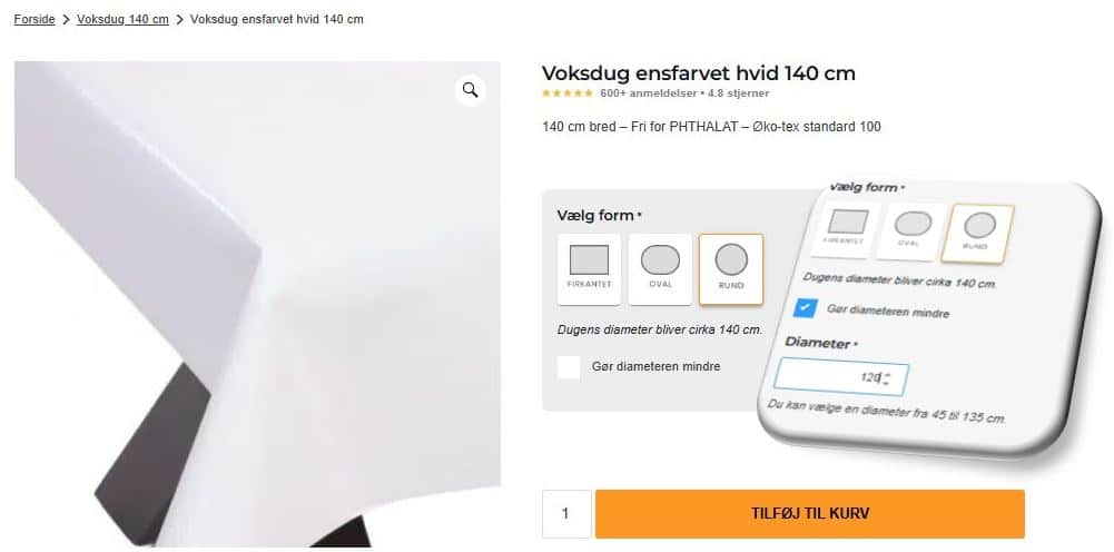 Bestilling af rund dug hos tekstilogvoksdug.dk blot klik på ikonet rund