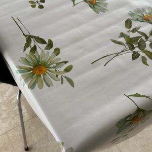 Voksdug Hvid med hvide solsikker på stilk, 140 cm fra textilogvoksdug.dk