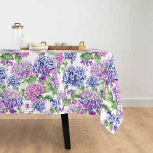 Tekstildug, Hvid med hortensia i flere farver, 140 cm fra textilogvoksdug.dk