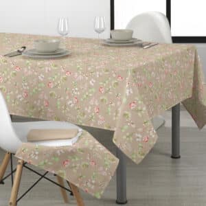 Tekstildug, Beige med blomster og blade 140 cm fra textilogvoksdug.dk