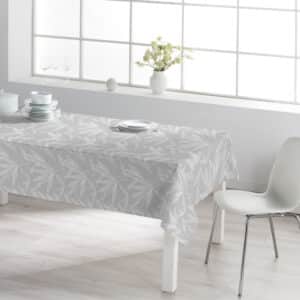 Tekstildug Lysegrå med Hvidt Bladmønster 140 cm fra textilogvoksdug.dk