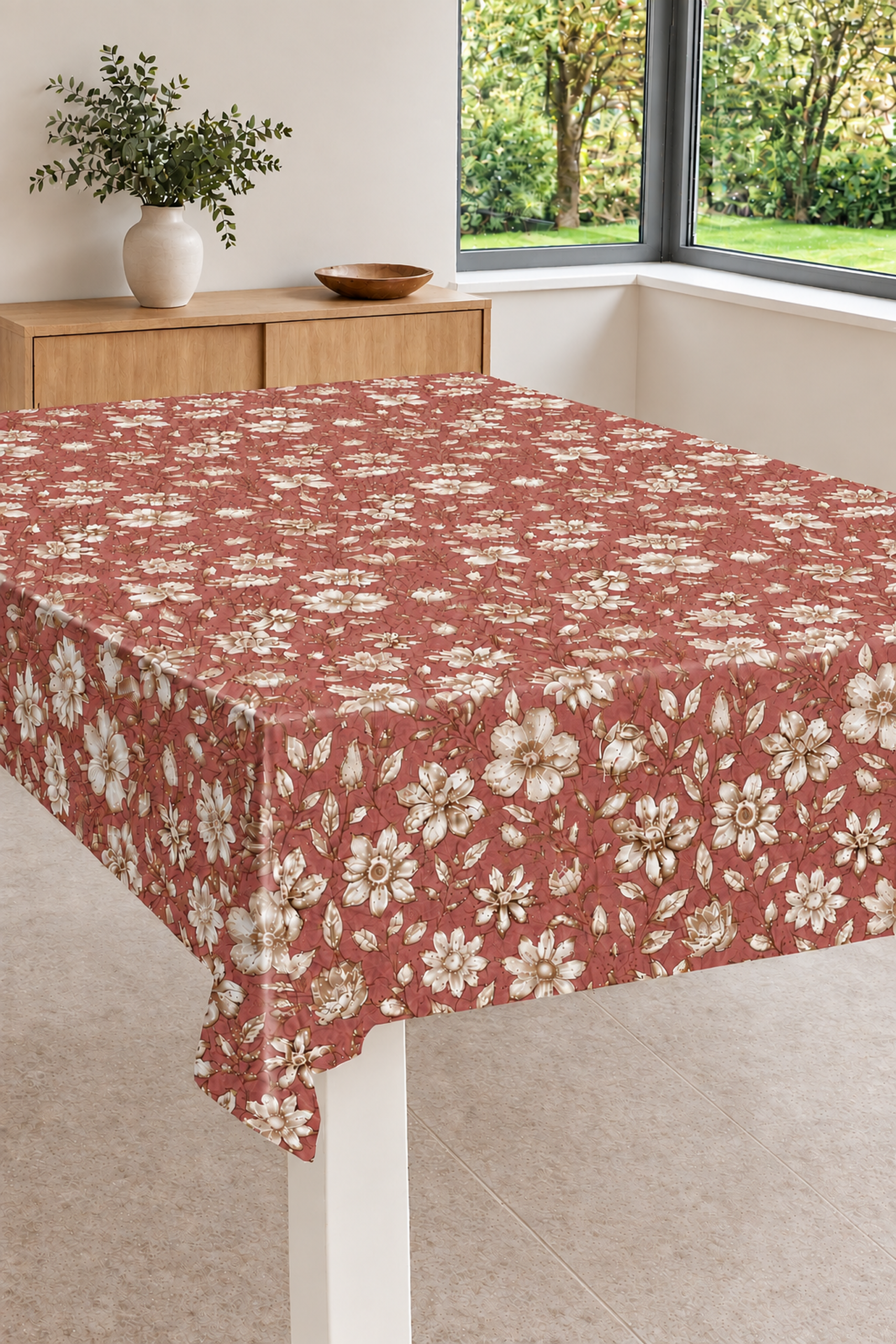 Voksdug Rosa med beige blomster, 140 cm fra textilogvoksdug.dk