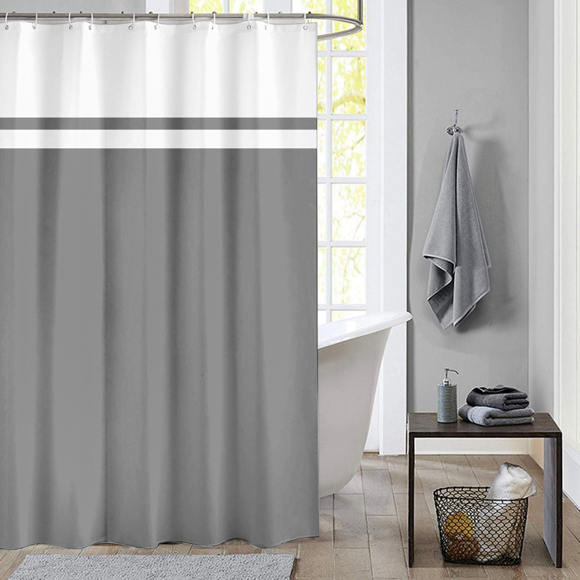 Badeforhæng grå med hvid bort, 180 x 200 cm