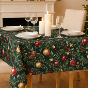 Grøn Julevoksdug med julekugler og gran fra tekstilogvoksdug.dk
