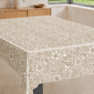 Voksdug Lys sand med beige blomster, 140 cm fra textilogvoksdug.dk