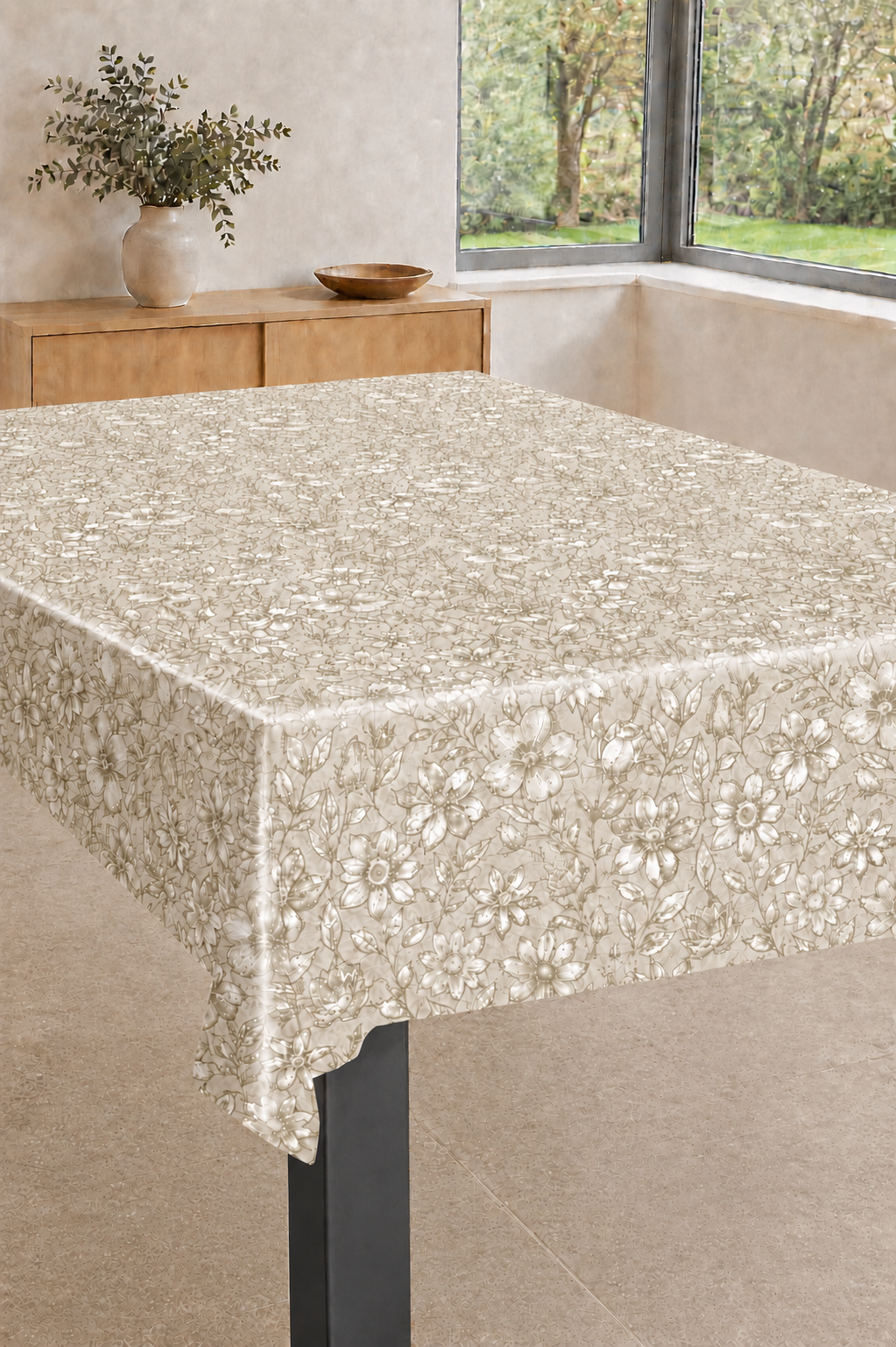 Voksdug Lys sand med beige blomster, 140 cm fra textilogvoksdug.dk